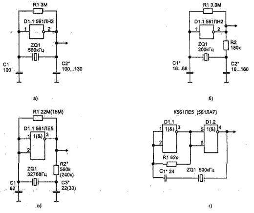 Рис. 12. Простейшие схемы мультивибраторов с кварцевой стабилизацией частоты