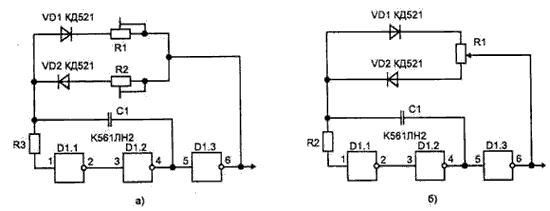 Рис. 4. Генератор импульсов с раздельной регулировкой а) длительности импульсов и паузы между ними б) скважности импульсов